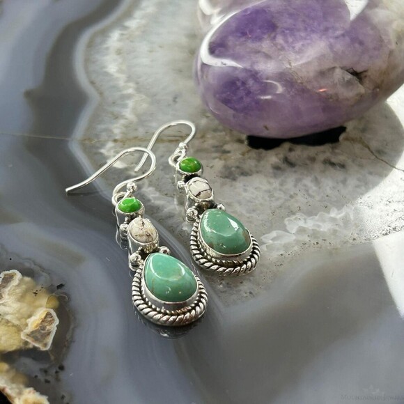 Sterling Silver Southwestern Style Multistone Dangle Earrings For Women #13 - Picture 4 of 10